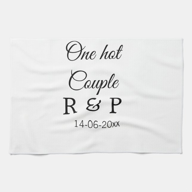 One hot add couple name initial letter text date tea towel (Horizontal)