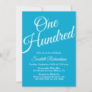 One Hundred Script Aqua Blue 100th Birthday Party Invitation