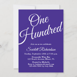 One Hundred Script Purple 100th Birthday Party Invitation
