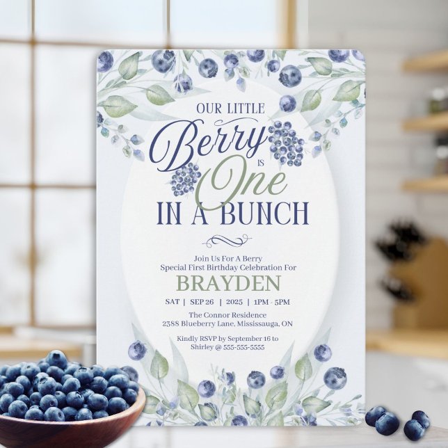 One In A Bunch First Birthday Invitation (Celebrate your little one’s first birthday with this elegant blueberry-themed invitation.)