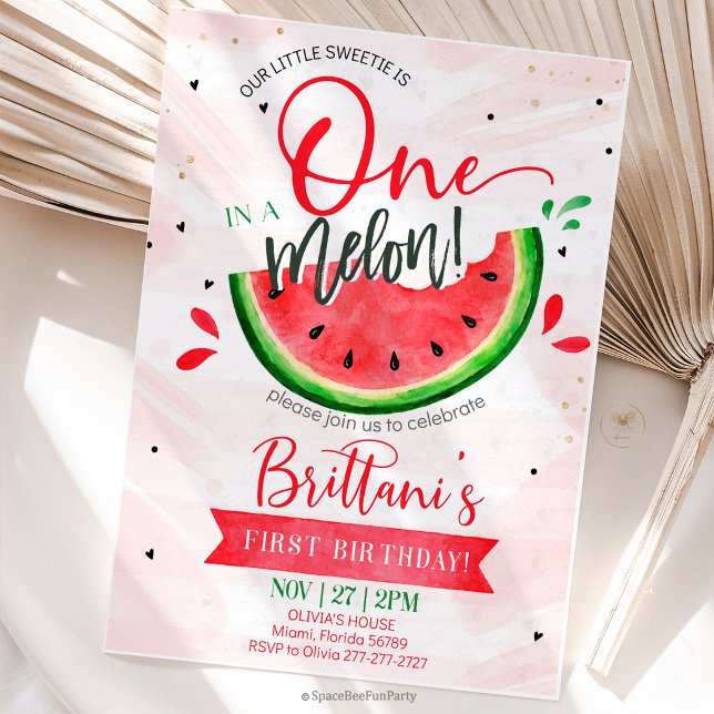 One In A Melon 1st Birthday Invitation (Celebrate your little sweetheart’s first birthday with this adorable “One in a Melon” watermelon-the)