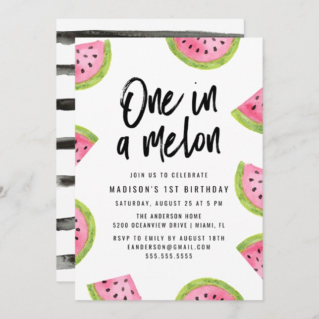 One in a Melon 1st Birthday Party Invitation (Front/Back)
