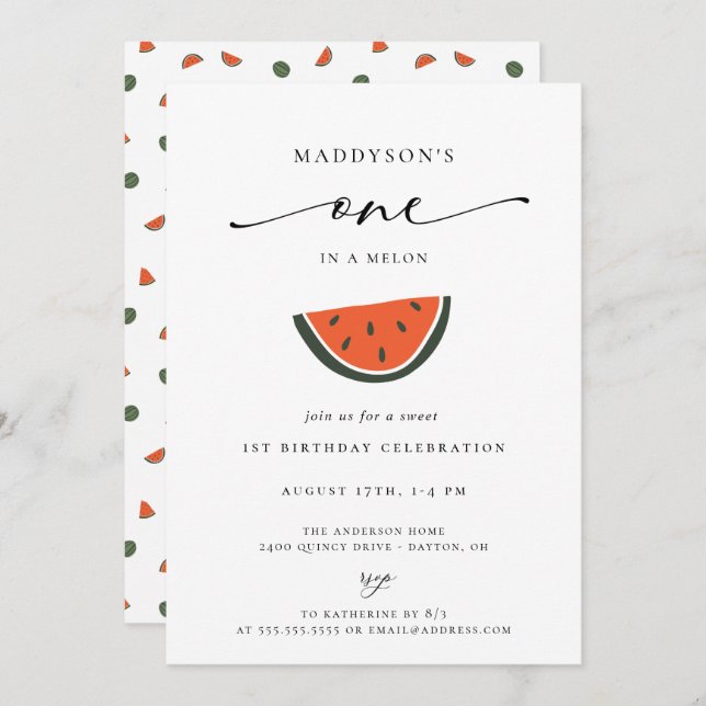 One In A Melon 1st Birthday Party Invitation (Front/Back)