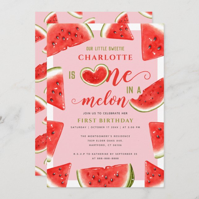 One In A Melon 1st Birthday Sweet Watermelon Pink Invitation (Front/Back)
