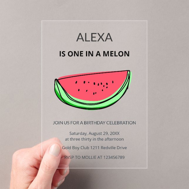 One in a Melon 1st Birthday Watermelon Birthday Acrylic Invitations (Insitu (Handheld))