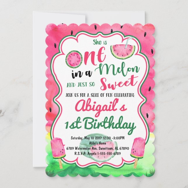 One in a Melon 1st Birthday Watermelon Invitation (Front)