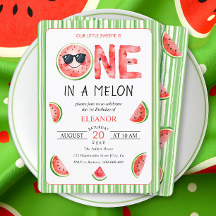 One in a melon 1st birthday watermelon party invitation