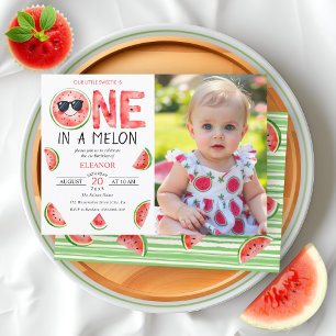 One in a melon 1st birthday watermelon party photo invitation