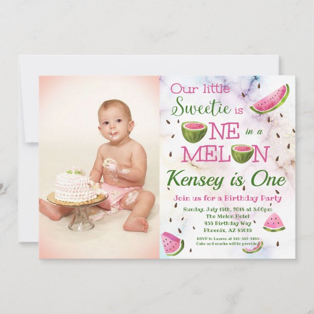 One in a Melon 1st Watermelon Birthday Invitation (Front)