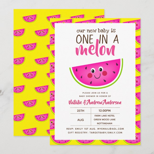 One In A MELON Baby Shower Pink Yellow Modern Cute Invitation (Front/Back)