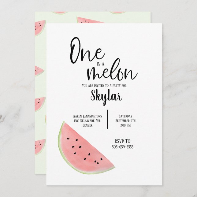 One in a Melon Birthday Invitation for Girl or Boy (Front/Back)