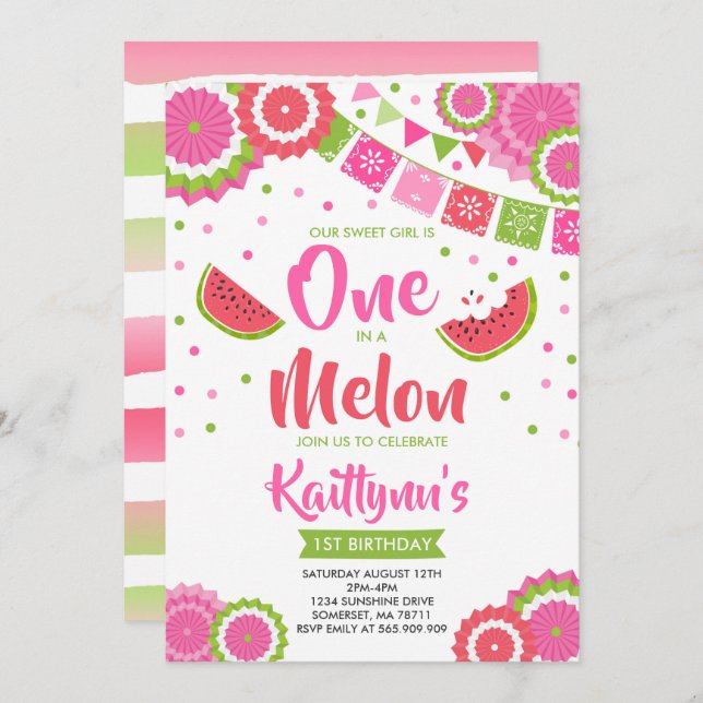 One In A Melon Birthday Invitation Melon Party (Front/Back)
