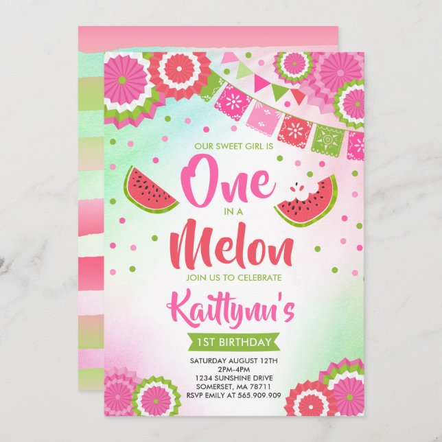 One In A Melon Birthday Invitation Melon Party (Front/Back)