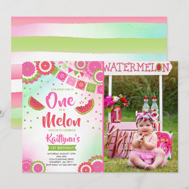 One In A Melon Birthday Invitation Melon Party (Front/Back)