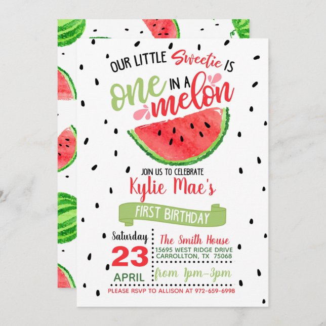 One in a Melon Birthday Invitation - Red (Front/Back)