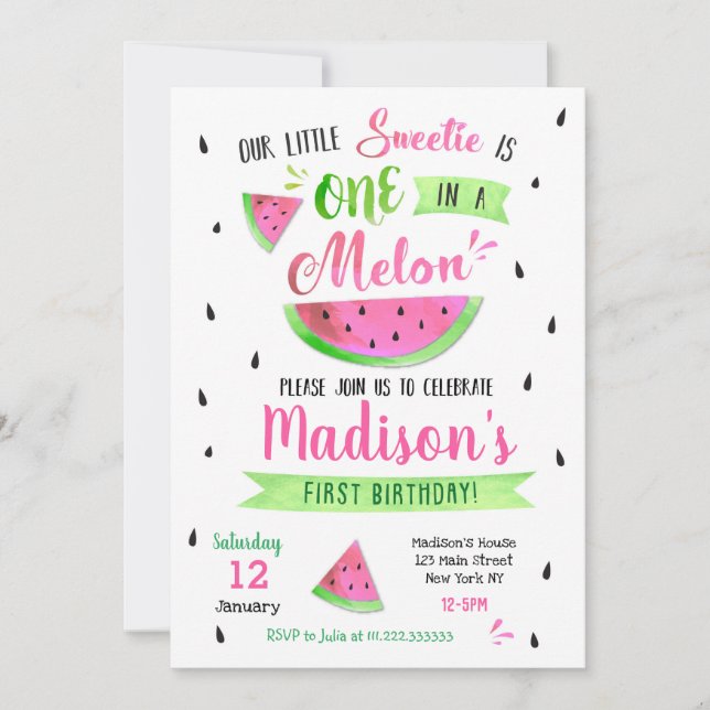 One in a Melon Birthday Party Invitation (Front)