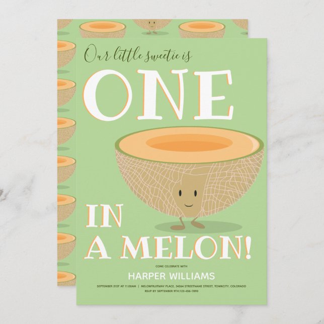 One in a Melon Cantaloupe First Birthday Cartoon Invitation (Front/Back)