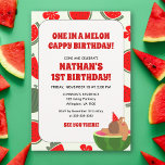 One in A Melon Cappy Birthday Kids Fun Capybara Invitation<br><div class="desc">Introducing our One in A Melon Cappy Birthday Kids Fun Capybara Invitation! This delightful design features a cute capybara surrounded by vibrant watermelon slices, perfect for a fun and refreshing birthday celebration. The playful illustration and bright colours create an inviting and joyful atmosphere, making it an ideal choice for your...</div>