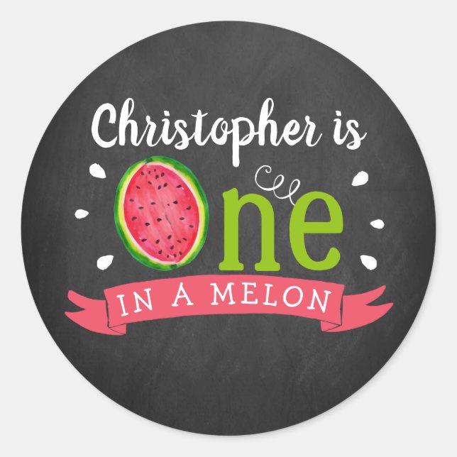 One In A Melon Chalkboard 1st Birthday Classic Round Sticker (Front)