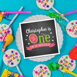 One In A Melon Chalkboard 1st Birthday Napkin