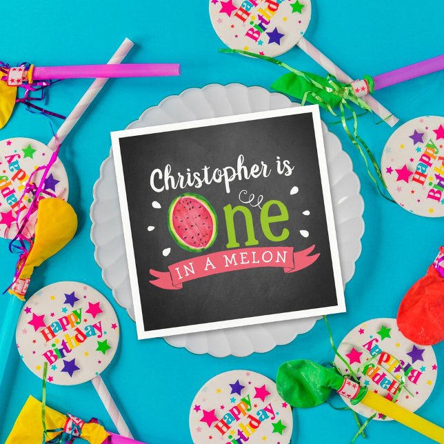 One In A Melon Chalkboard 1st Birthday Napkin (Creator Uploaded)
