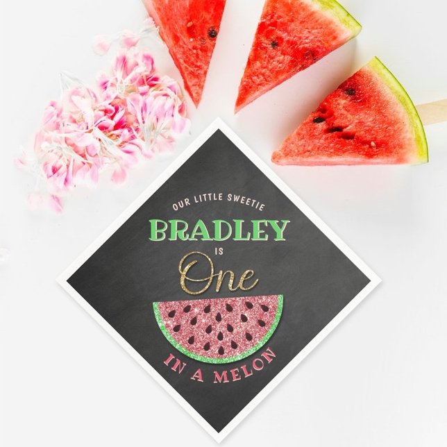 One In A Melon Chalkboard 1st Birthday Napkin (Creator Uploaded)