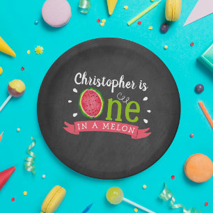 One In A Melon Chalkboard 1st Birthday Paper Plate