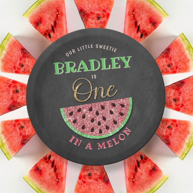 One In A Melon Chalkboard 1st Birthday Paper Plate (Creator Uploaded)