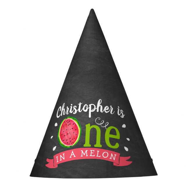 One In A Melon Chalkboard 1st Birthday Party Hat (Front)