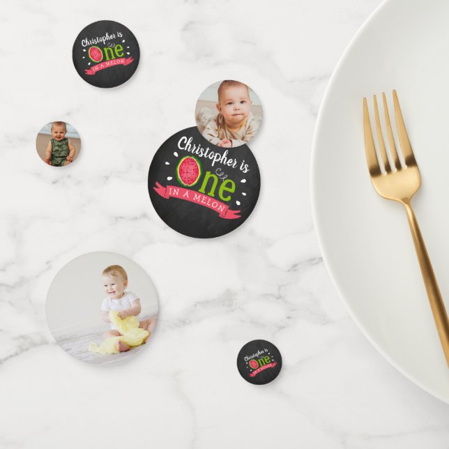 One In A Melon Chalkboard 1st Birthday Party Photo Confetti (Group)