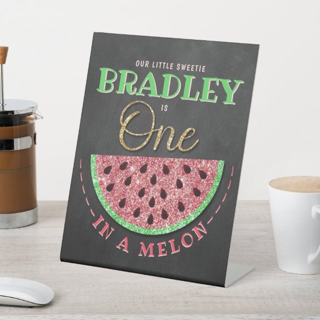 One In A Melon Chalkboard 1st Birthday Pedestal Sign (In SItu)
