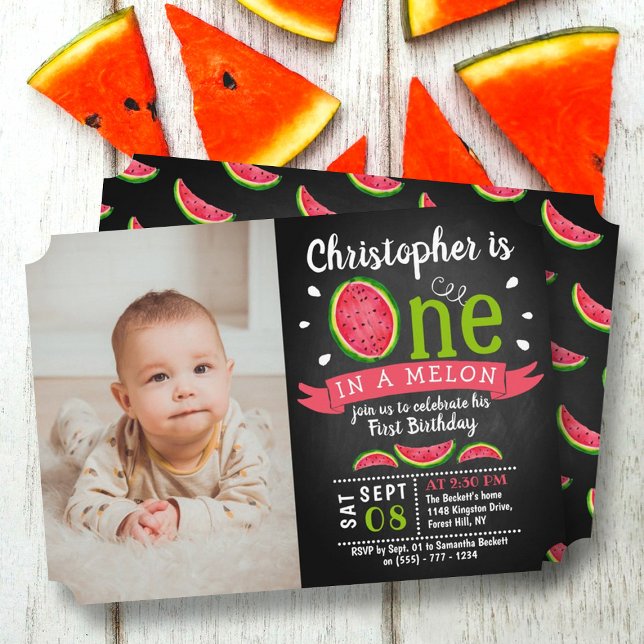 One In A Melon Chalkboard 1st Birthday Photo Invitation (Creator Uploaded)
