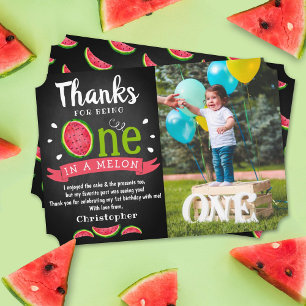 One In A Melon Chalkboard 1st Birthday Photo Thank You Card
