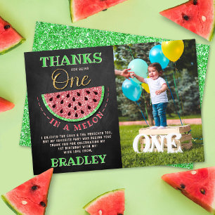 One In A Melon Chalkboard 1st Birthday Photo Thank You Card