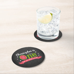 One In A Melon Chalkboard 1st Birthday Round Paper Coaster