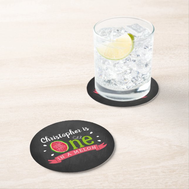 One In A Melon Chalkboard 1st Birthday Round Paper Coaster (Insitu)