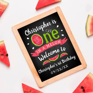 One In A Melon Chalkboard 1st Birthday Welcome Poster