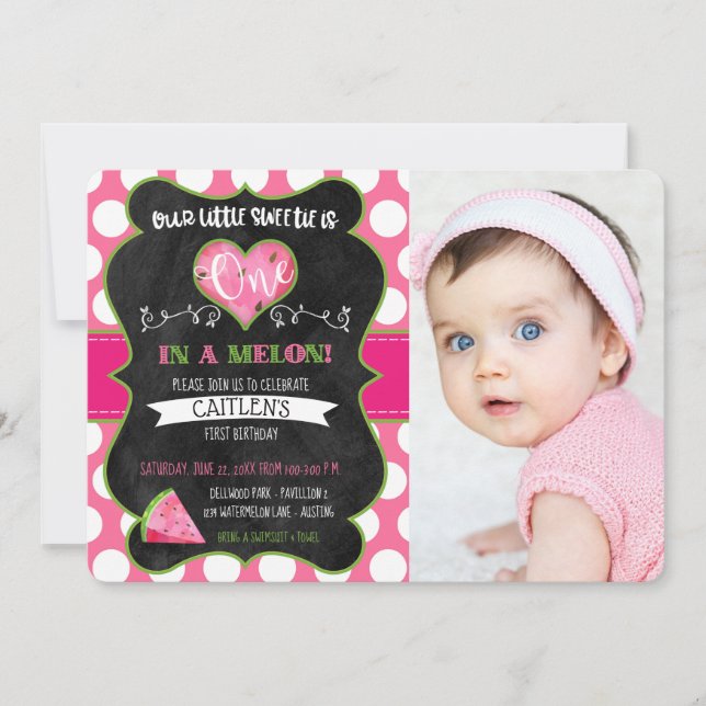 One in a Melon Chalkboard First Birthday Photo Invitation (Front)