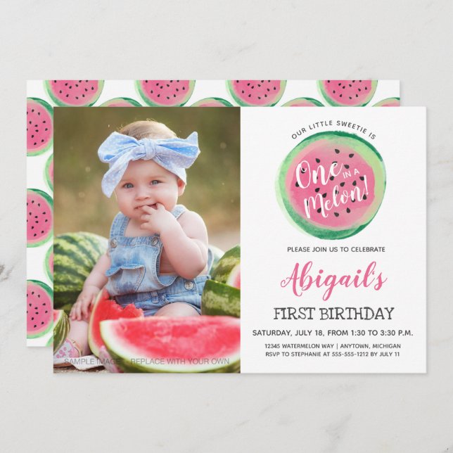 One in a Melon Custom Photo First Birthday Party Invitation (Front/Back)