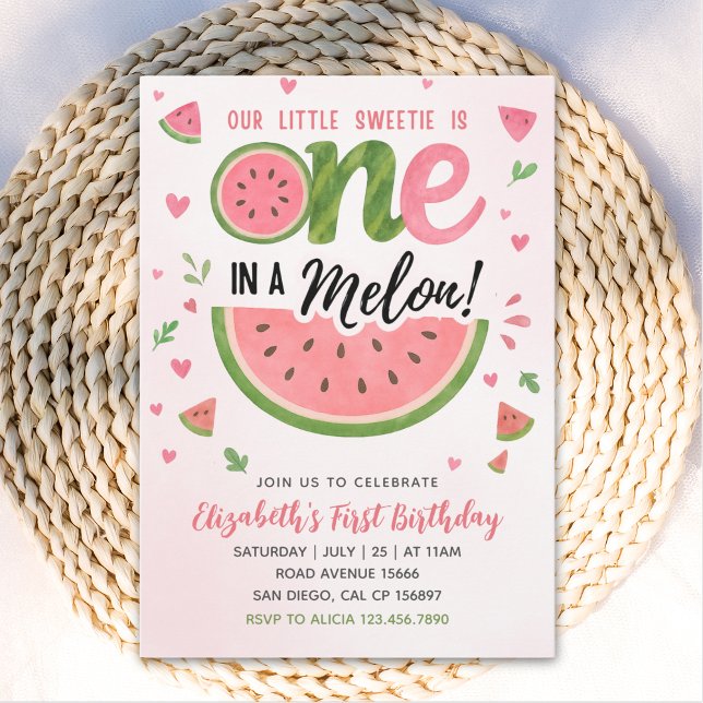 One in a Melon! Cute First Birthday Girl  Invitation (Creator Uploaded)