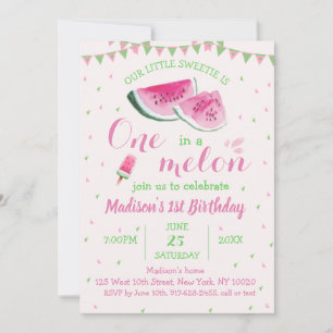 One In A Melon Cute Watermelon First Birthday Invitation