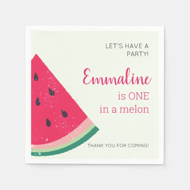 One In A Melon Cute Watermelon First Birthday Napkin (Front)