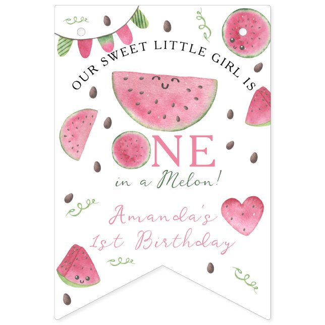 One in a Melon Cute Watermelon Girl 1st Birthday Bunting (First Flag)