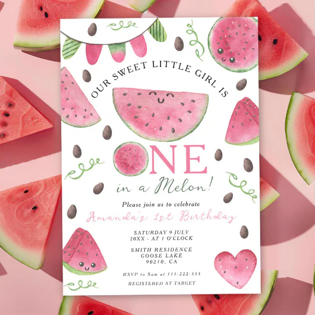 One in a Melon Cute Watermelon Girl 1st Birthday Invitation | Zazzle