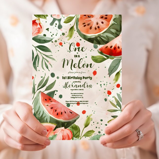 'One in a Melon' Cute Watermelon Girl 1st Birthday Invitation (Creator Uploaded)