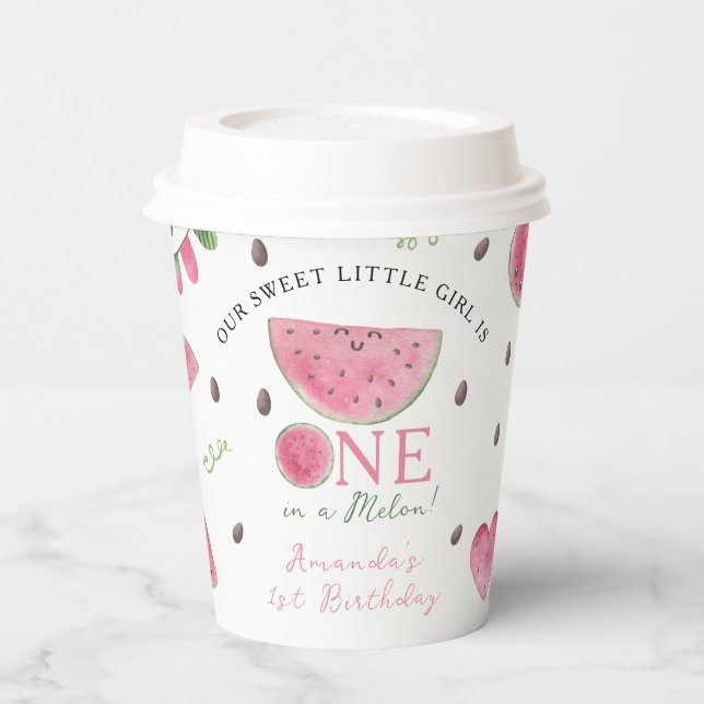One in a Melon Cute Watermelon Girl 1st Birthday Paper Cups (Left)