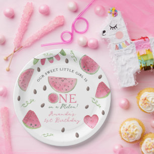 One in a Melon Cute Watermelon Girl 1st Birthday Paper Plate