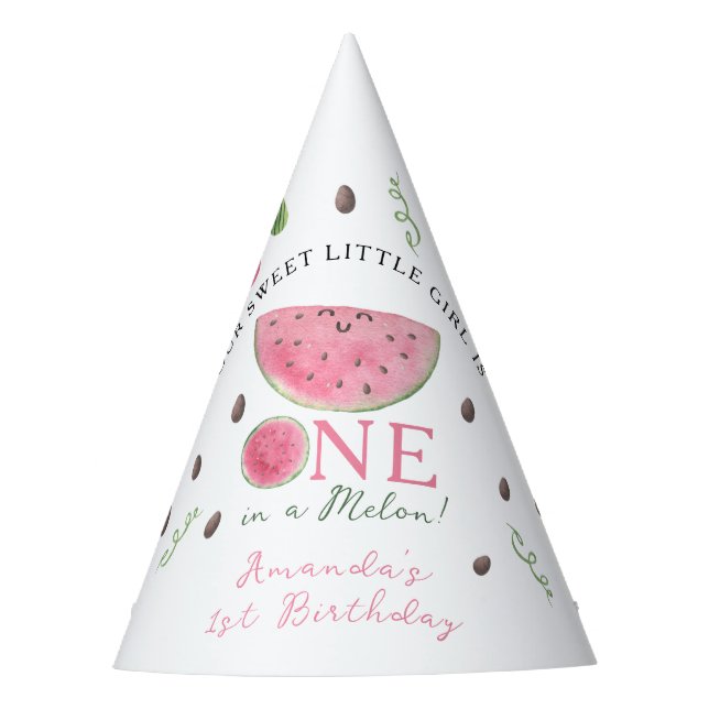 One in a Melon Cute Watermelon Girl 1st Birthday Party Hat (Front)