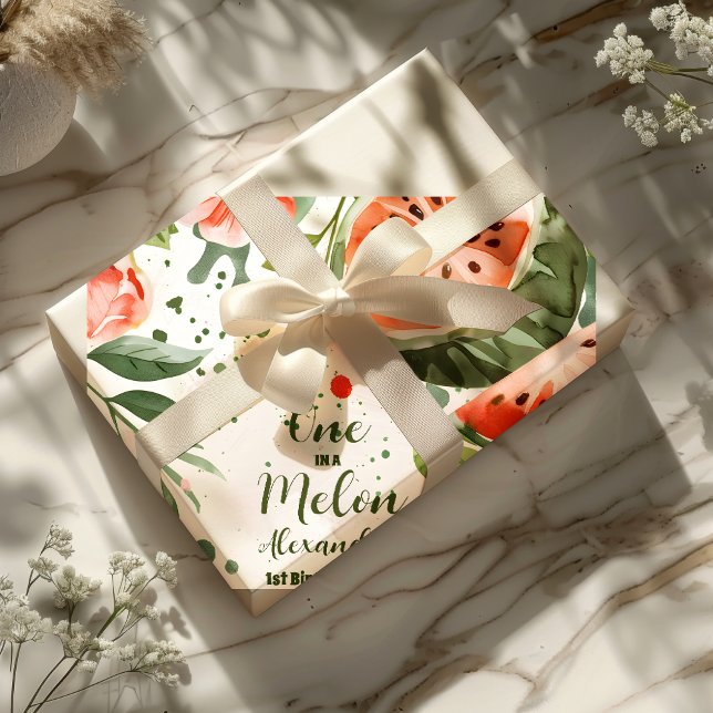 'One in a Melon' Cute Watermelon Girl 1st Birthday Wrapping Paper (Creator Uploaded)