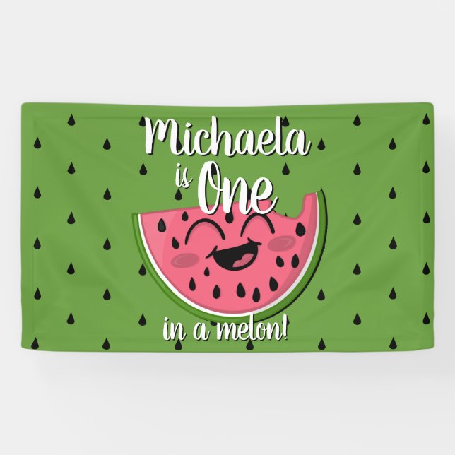One in a Melon Cute Watermelon Green Birthday Banner (Horizontal)